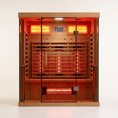 Infrared Sauna Cabin Designed for Home Wellness, Dual-Panel Glass Front, Light-Toned Wood, Built-In Controls