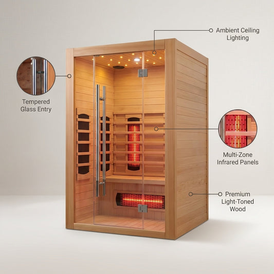 Heliox LuminaWood Infrared Sauna Cabin — infographic