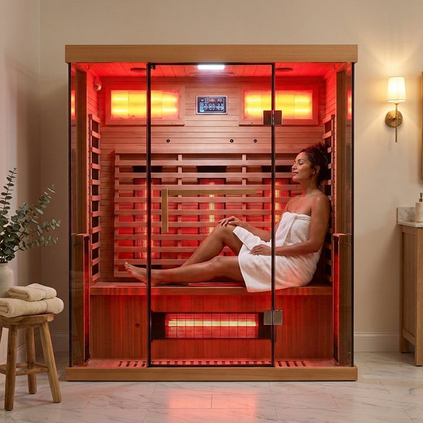Infrared Sauna Cabin Designed for Home Wellness, Dual-Panel Glass Front, Light-Toned Wood, Built-In Controls