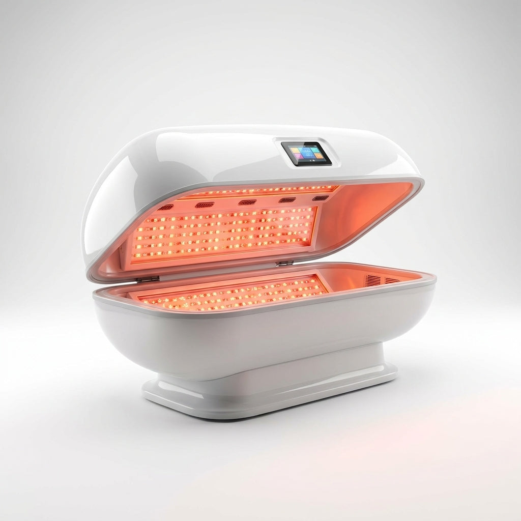 Red Light Therapy Capsule Designed for Full Body Treatment, high-quality LEDs, Touchscreen Control, 600W — Studio Shot