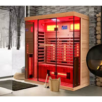 Infrared Sauna Cabin Designed for Home Wellness, Dual-Panel Glass Front, Light-Toned Wood, Built-In Controls
