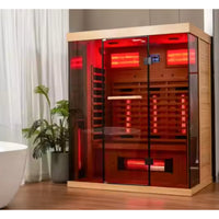 Infrared Sauna Cabin Designed for Home Wellness, Dual-Panel Glass Front, Light-Toned Wood, Built-In Controls